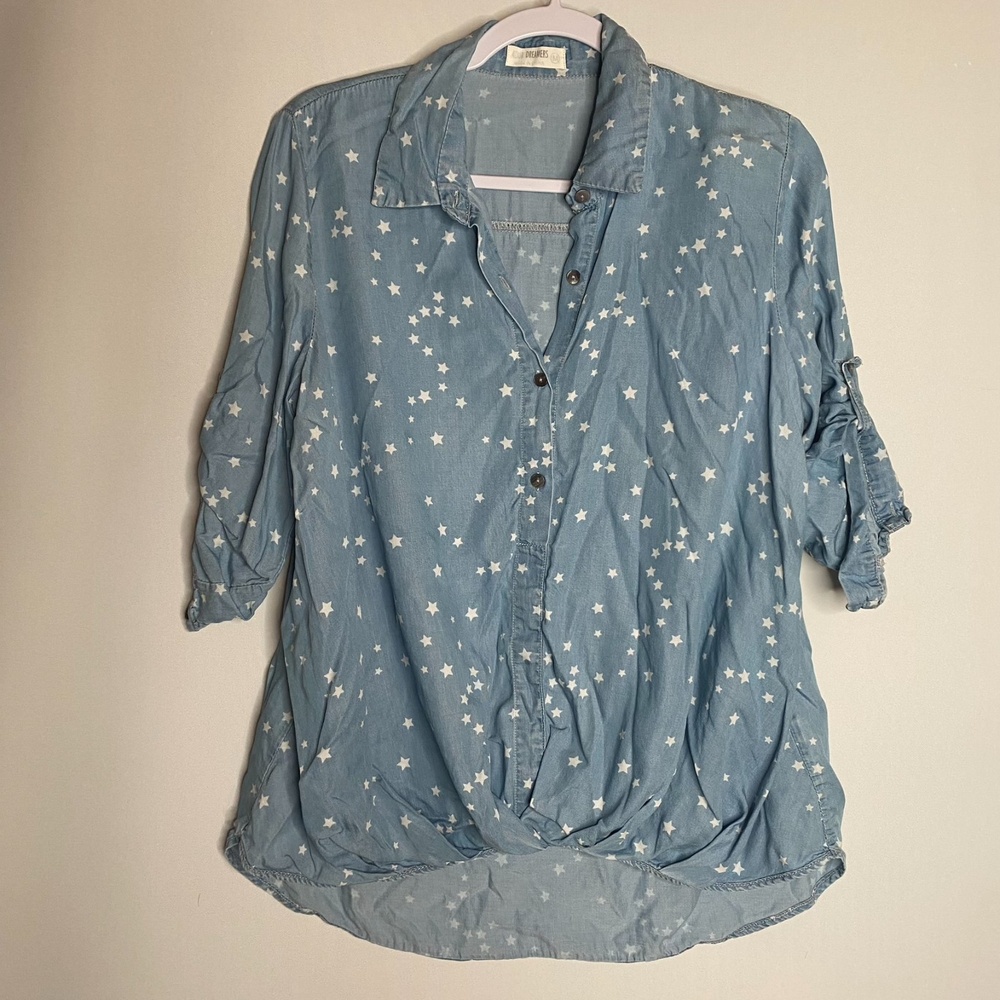 4Our Dreamers Anthropology Lyocell Chambray Comfy Adjustable Sleeve Star Size M